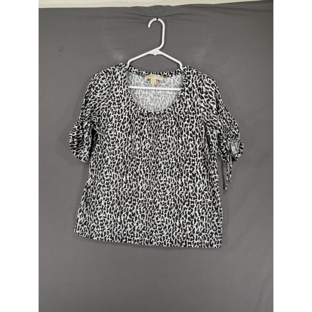 Michael Kors Womens Gray Leopard Print Ruched Sleeve Top Size M 5201